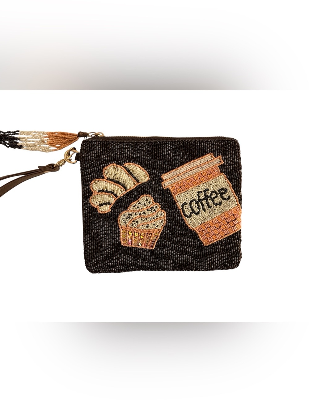 Sincerely Jules Beaded Coffee & Croissant Wristlet Clutch Brown Bag